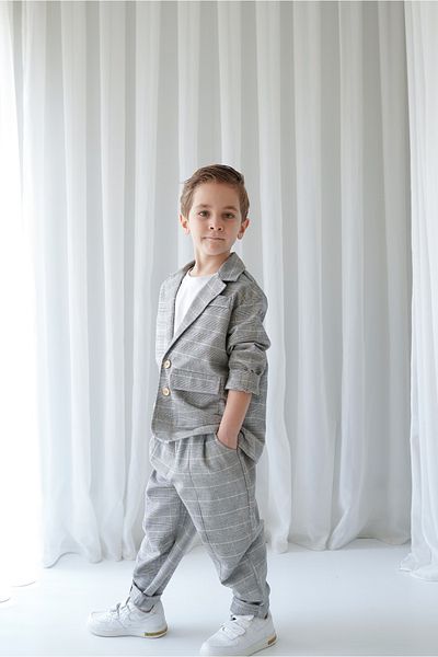 Catz Kids Jachetă casual în carouri gri + pantaloni în carouri gri