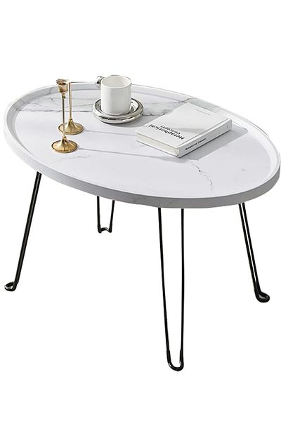 sharpdo Modern Living Room Foldable Storage Oval Coffee Table, White Marble Texture Side Table