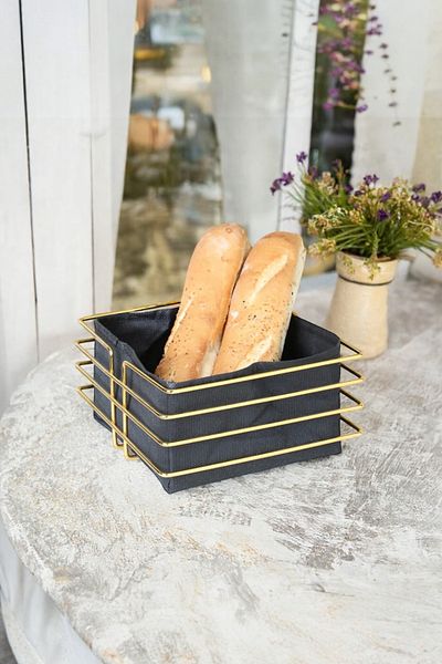suvira Square Breadbasket Bread Basket Multi-Purpose Gold Stainless Basket Black Fabric