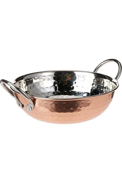 Kedge 2 Por Stainless Steel Copper Hammered Finish Round Karahi, 500ML, Silver/Copper