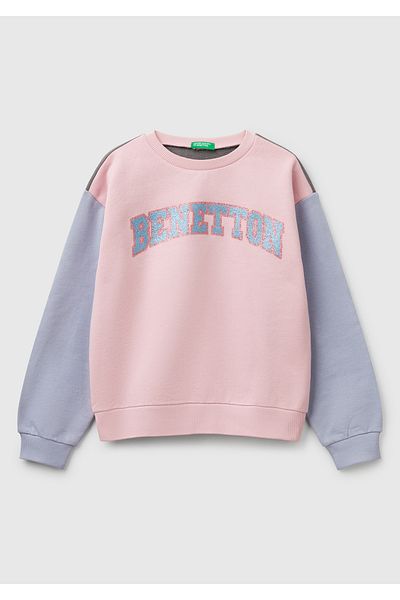 United Colors of Benetton Hanorac pentru fetiță, roz, cu sclipici, cu sigla Benetton, cu decolteu