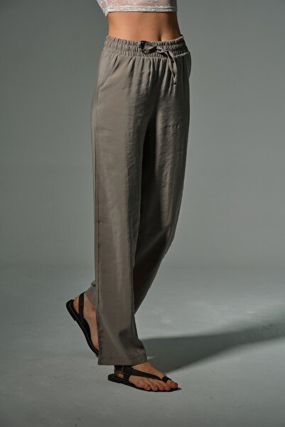 Domoda Vizon Yüksek Bel, Yapışmaz Dökümlü Kumaş Lastikli Palazzo Geniş Paça Kadın Cupro Pantolon #nazare