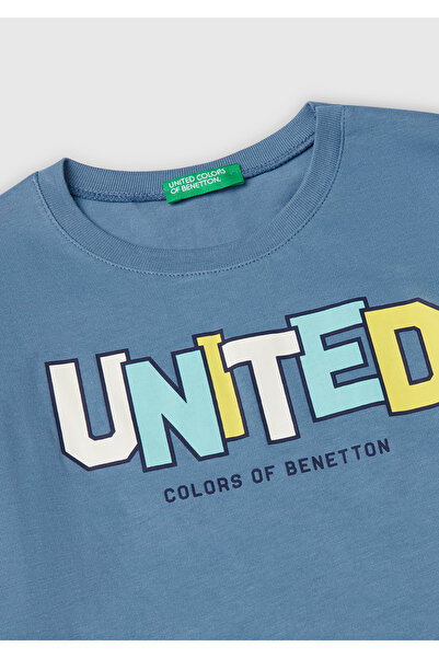 United Colors of Benetton Tricou cu mânecă lungă cu imprimeu cu logo-ul Benetton Aviator Blue pentru băiat