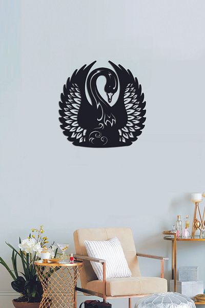 NT Handmade Decor de perete lebădă din lemn negru pentru living pat dormitor copii 40x40cm pictură