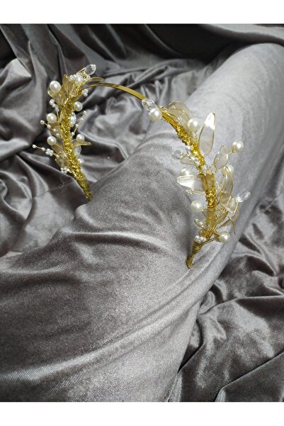 EDMBRİDALACCESSORİES Gold simli, inci detaylı helen model gelin, nişan, abiye...