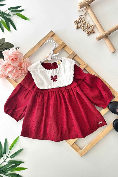Minigimin Cicileri Burgundy R � Smini Clothing - Seasonal Velvet Collar Girl Dress