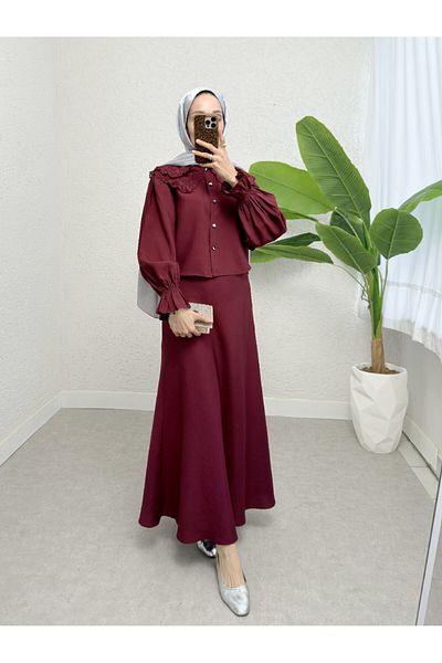 Modamorfo Set de fuste evazate cu guler pentru bebeluși cu mâneci festonate - Burgundy