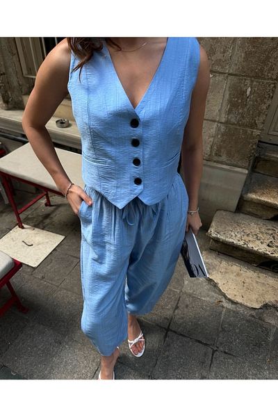 Ekim Store Set de pantaloni cu vestă dublă cu nasturi din in