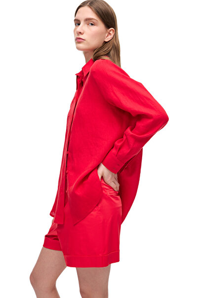 Perspective Kırmızı Flans Regular Fit Yüksek Bel Kısa Boy Şort