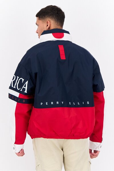 Perry Ellis Men Brand Logo Puffer Jacket, Navy Blue Combo