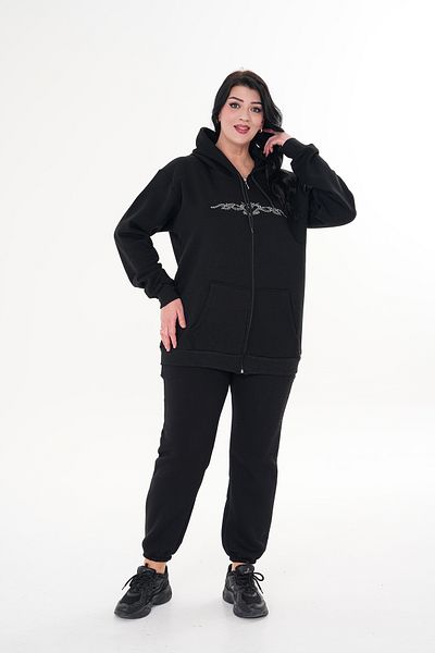 JANSO GROUP - Women's Plus Size Black Color Stone Printed Sweatshirt Set Top and Bottom