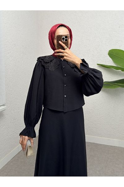 Modamorfo طقم بلوزة وتنورة واسعة بياقة صدفية وأكمام مطاطية - أسود