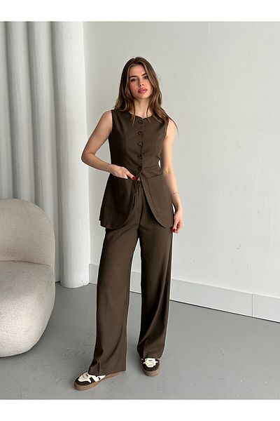 Laluvia Brauner Knopfwesten-Hosenanzug -8484