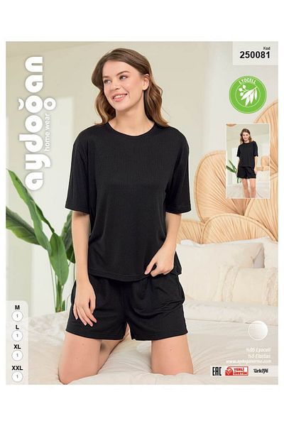 Aydoğan Oversize Short Sleeve High Waist Wide Leg Shorts Black Color Women's Pajama Set 250081