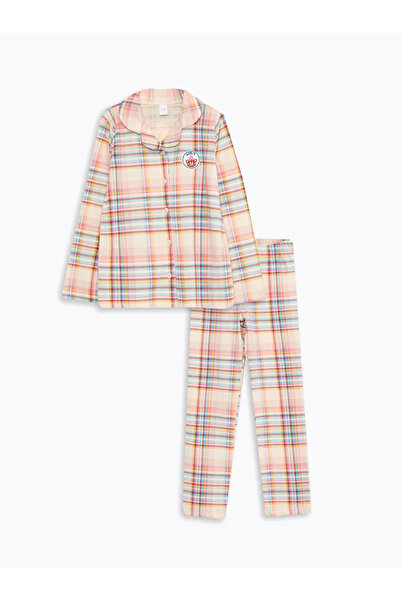 LC Waikiki LCW Kids Ekru Gömlek Yaka Ekose Uzun Kollu Kız Çocuk Pijama Takımı