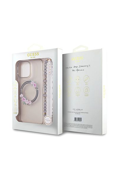 CG Mobile Guess Magsafe Iml Hard Case With Flower Wreath Design & Pearl Strap For iPhone 16