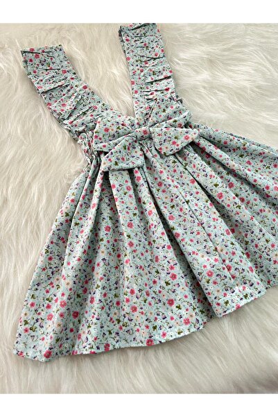 Eylülce Butik KIZ ÇOCUK MAVİ ÇİÇEKLİ FİYONKLU FIRFIR ASKILI SALOPET ELBİSE  (%100 PAMUK KUMAŞTAN ÜRETİLMİŞTİR.)