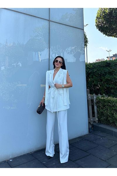 Ekim Store Set de pantaloni cu vestă și blazer cu curea dublă