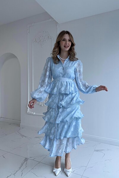 HELİS BUTİK Rochie albastră cu volan, brodată, stratificată