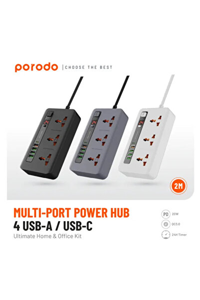 porodo موزع متعدد المنافذ 3 AC و4 USB-A وUSB-C بقدرة 20 وات بطول 2 متر في الم...