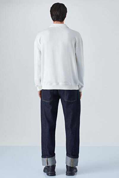 GRIMELANGE Sımplyfy Men's Polo Neck Long Sleeve Oversize Buttoned White Sweatshirt