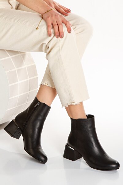 elvinshoes Willy Hakiki Deri Siyah Kadın Galvaniz Ökçe Bot