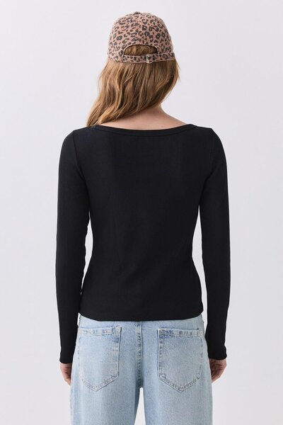 Trendiz Women's Boat Neck Ribbed Long Sleeve Blouse Black 9022