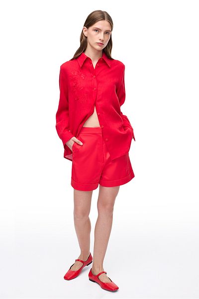 Perspective Red Flans Regular Fit High Waist Short Length Shorts