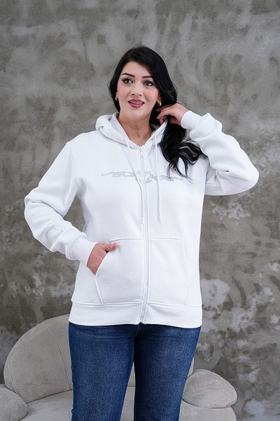 JANSO GROUP - Women's Plus Size Stone Printed White Color Zipper Oversized Sweatshirt