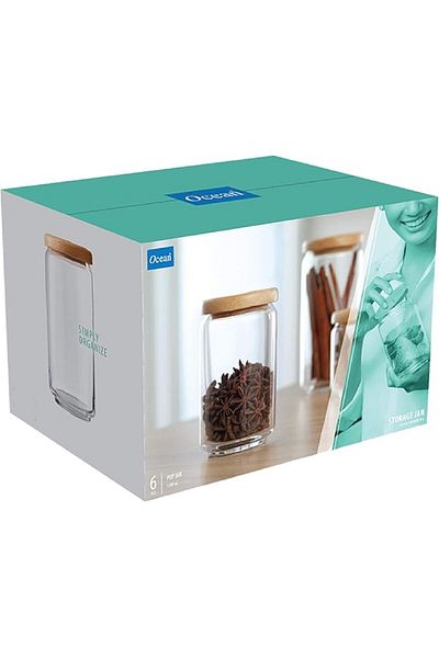 Ocean Pop Jar with Wooden Lid, Set of 6, Clear, 1000ml – Airtight Food Storage Container & Canister