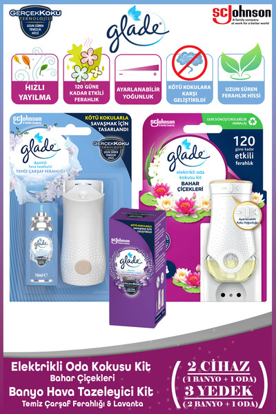 Glade Elektrikli Oda Kokusu Kit Bahar Çiçekleri + Banyo Hava Tazeleyici& Yedek Temiz Çarşaf + Lavanta 10ml