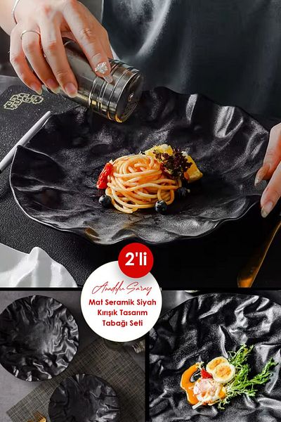 Anadolu Saray 2Pcs 19cm Matte Ceramic Wrinkled Design Handmade Pastry Food Presentation Plate Dessert Breakfast Plate