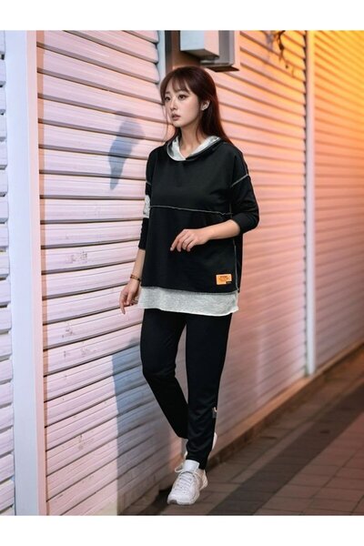 ALPACO Γυναικεία Μαύρη Κουκούλα Λεπτομέρεια Εθνόσημο Αντεστραμμένη Ραφή Διπλό Σετ με Gorunum