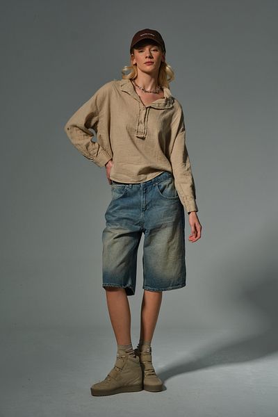 Maule Cotton Linen Half Placket Filthy Stitching Prevailing Collar Foldable Long Sleeve Women Shirt # Viana