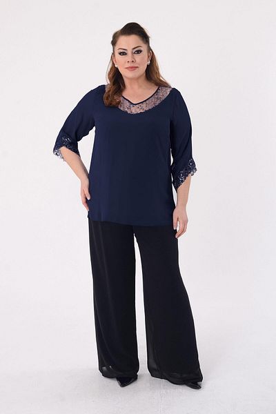 LİLAS XXL Large Size Navy Blue Color Chiffon V-Neck Evening Dress Blouse