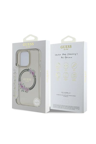 CG Mobile Guess Magsafe Iml Hard Case With Flower Wreath Design For iPhone 16 Pro Max - Black