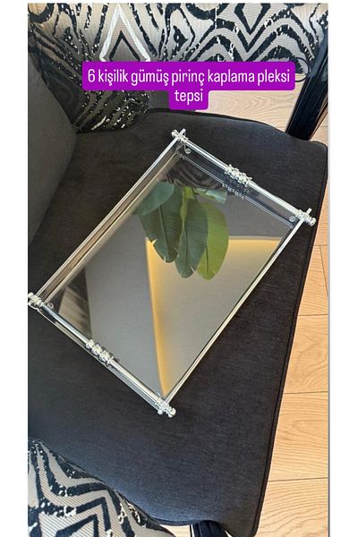 innossa pleksi dekorasyon Silver Brass Plated Plexiglass Tray with Handle for 6 Persons