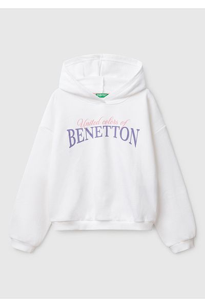 United Colors of Benetton Hanorac alb cu glugă cu logo Benetton pentru fetiță