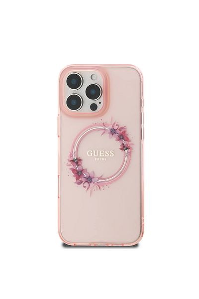 CG Mobile Guess Magsafe Iml Hard Case With Flower Wreath Design For iPhone 16 Pro Max - Pink