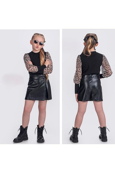 KOKOŞ BEBEK Σετ δερμάτινο σορτς με μανίκια Leopard Tulle με φούστα