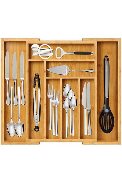 COOYA Expandable Drawer Organizer Bamboo Cutlery Holder Wooden Adjustable Table Tray for Cutlery