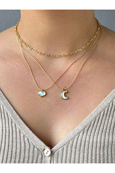 M Miel Kadın 3lü Set Kalp Hilal Detay Kolye