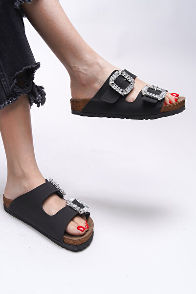 Riccon Mahcerys Women's Stone Double Buckle Slippers 0012555   Matte Black