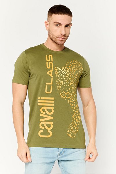 Cavalli Class Men Crew Neck Short Sleeve Graphic Print T-shirt, Olive