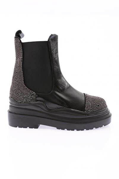 DGN Women's Black Patent Leather Boots - Stone Detailed, Wrinkled Model 12301...