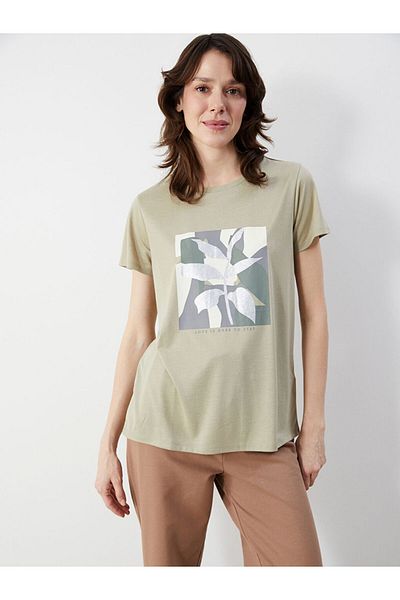 LC Waikiki Lcwaikiki Classic Green Crew Neck Printed Women's T-Shirt