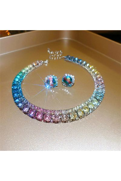 Choice 3272-16 Luxury Crystal Necklace Earrings Set Pink ABcolourful Necklace for Women Weddings Party Jewe