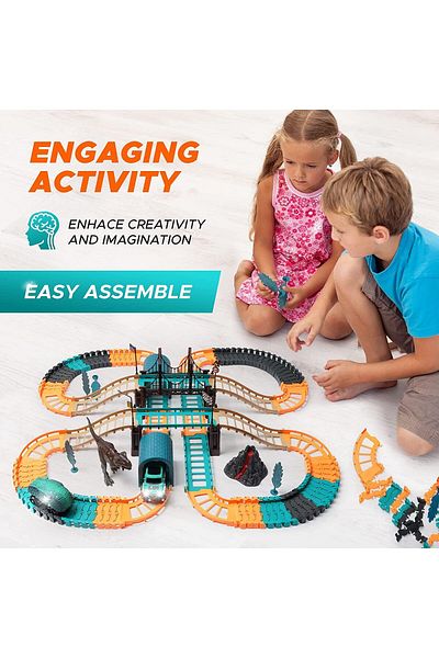 COOYA 137 Pcs Dinosaur Race Track Car Toy Set, Boost lmagination, dinosaur toys for 3+ year old kids