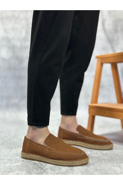 BOA Ba0359 Boa Natural Leather Powder Laceless Rubber Handmade Espadrille Sole Tan Color Men's Shoes