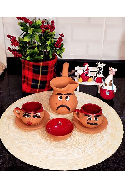 HerşeyTopraktan Toprak Handmade Emoji Expression Coffee Cup Set + Coffee Pot